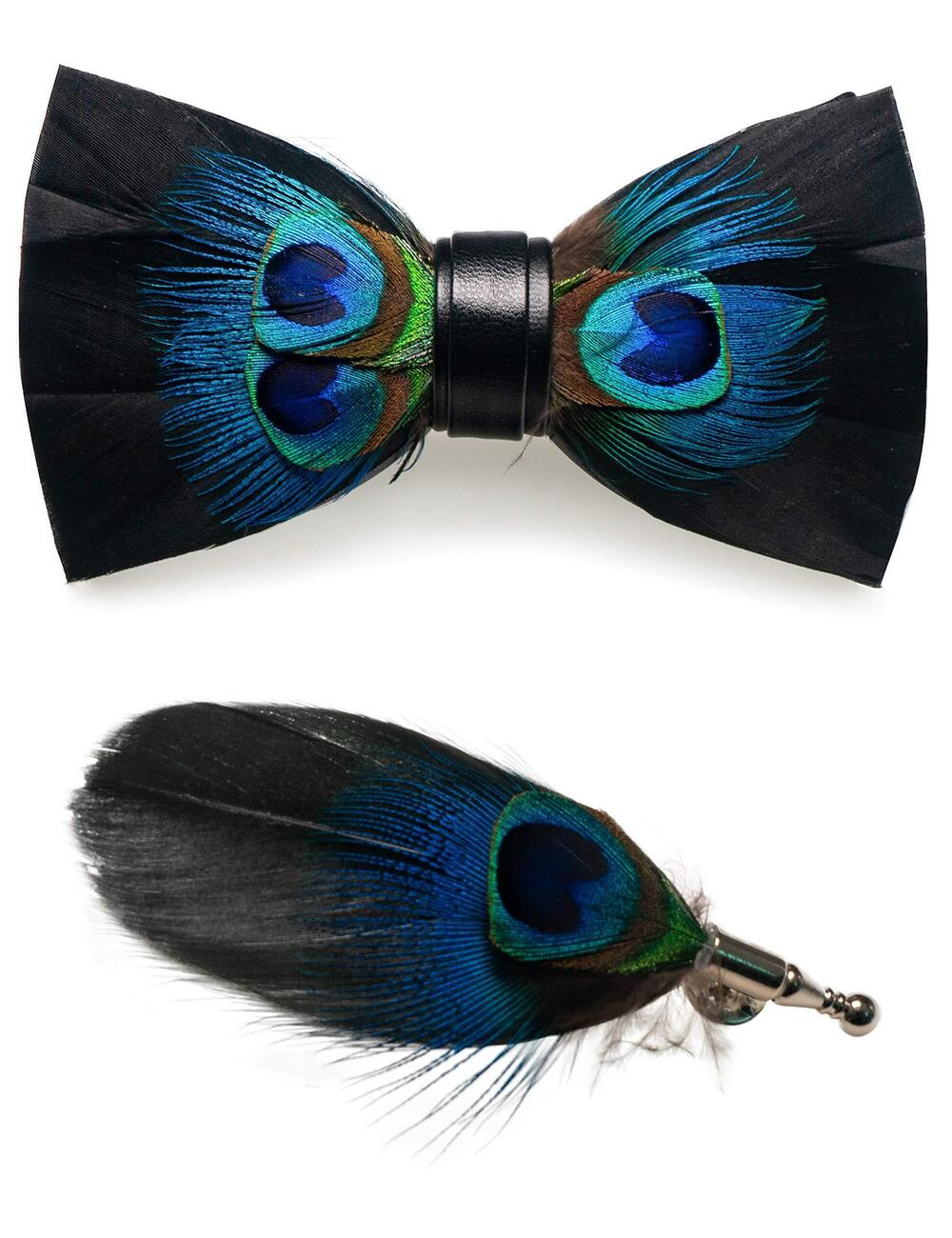 5810 Handmade Feather Pre-tied Bow tie and Brooch Sets peacock blue/black
